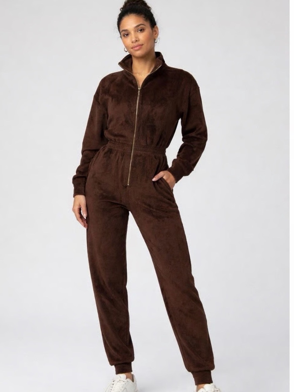 Fabletics Chocolate Brown Zip-Up Fleece Jumpsuit